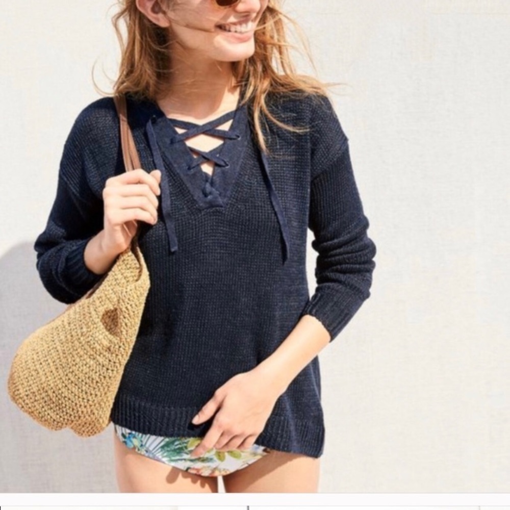 J. CREW Linen Lace-Up V neck Sweater Black